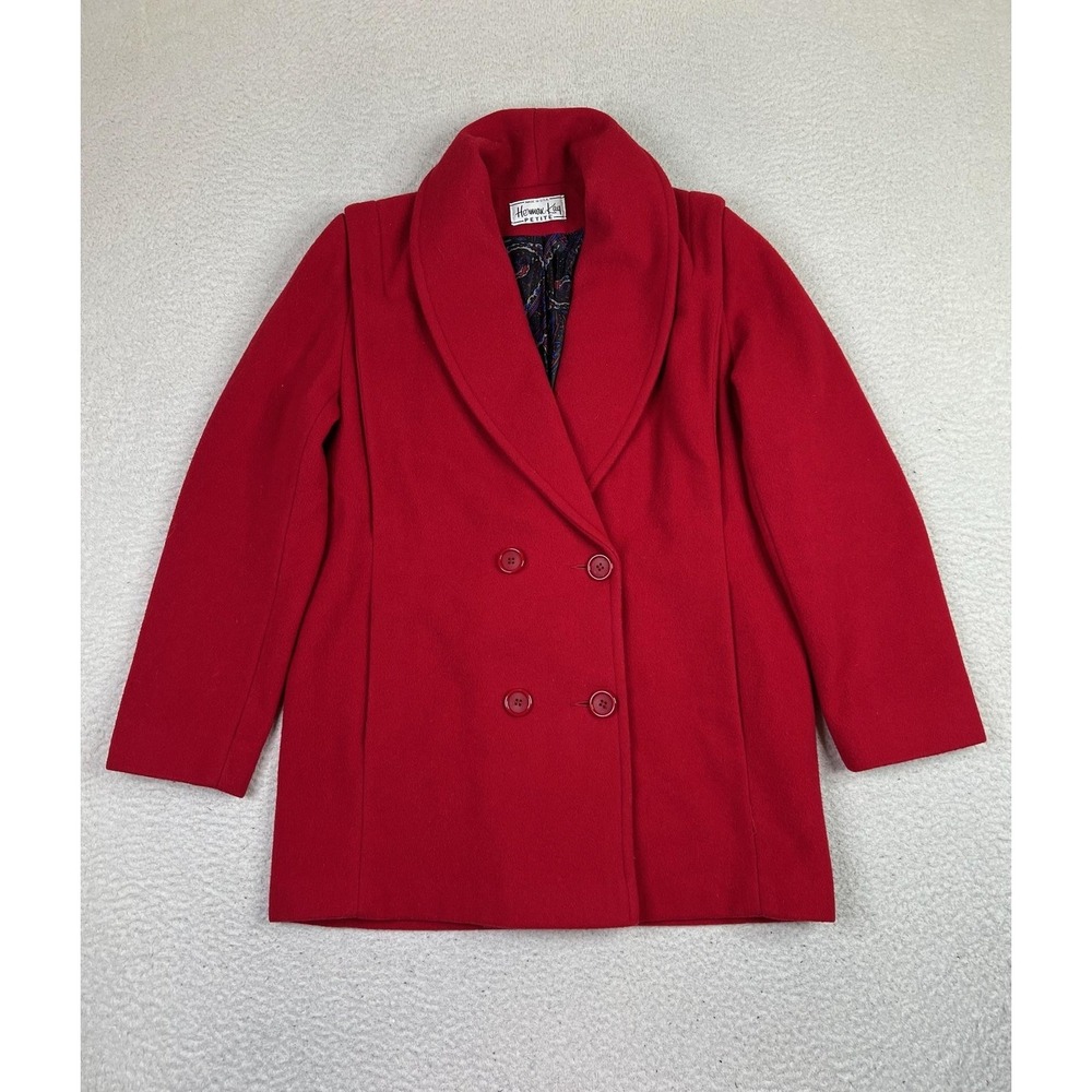 VTG Herman Kay Coat Womens Petite M Red Wool Shawl Collar Double Breasted USA